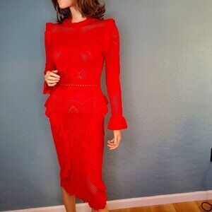 Alexis Sivan Open Pointelle Knit Semi Sheer Ruffled Midi Sheath Body Con Dress S